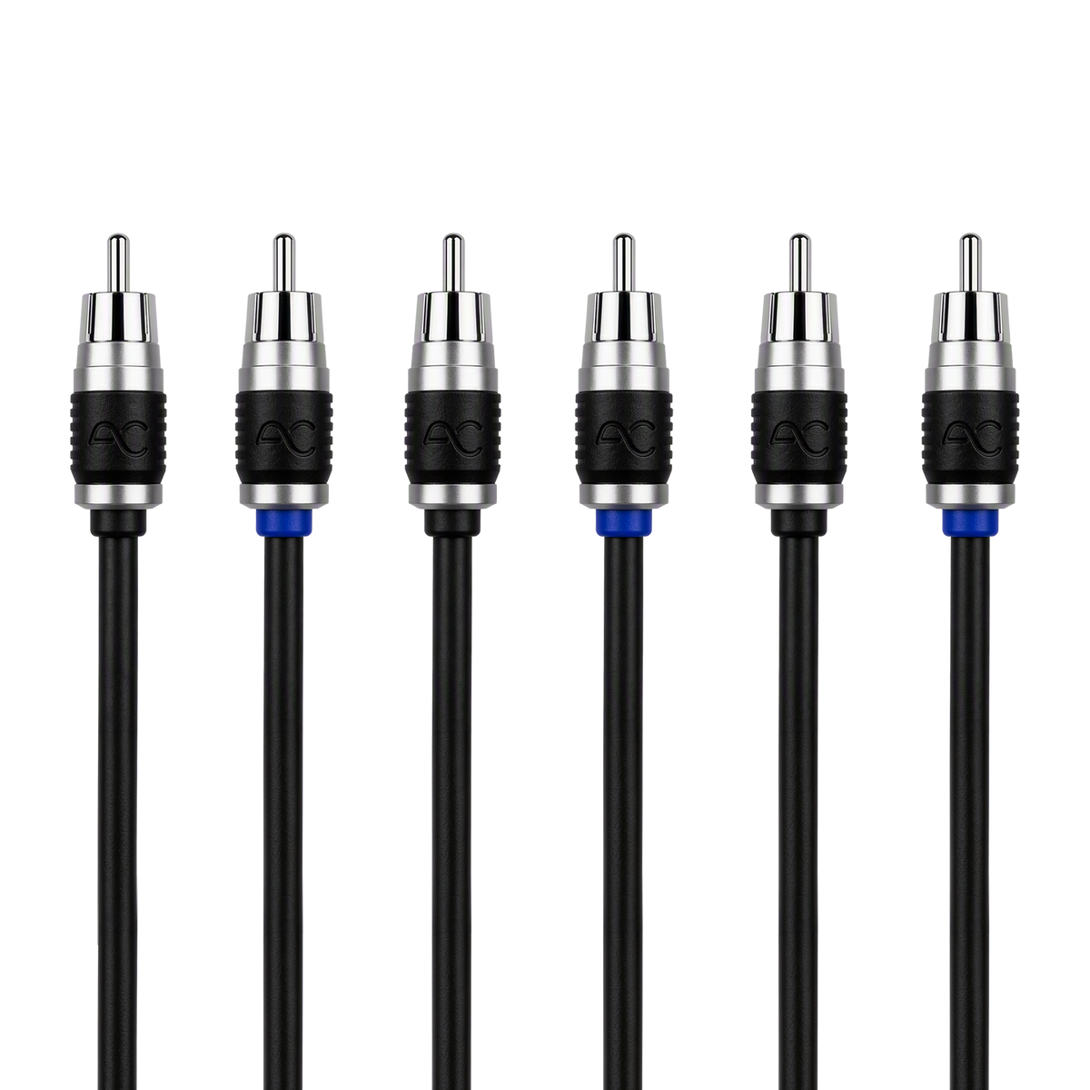 Six black audio RCA connectors aligned in a row on a white background, each with a black cable and silver metal tip. Two connectors have a small blue ring accent and the center two show the embossed brand logo 'AO'.