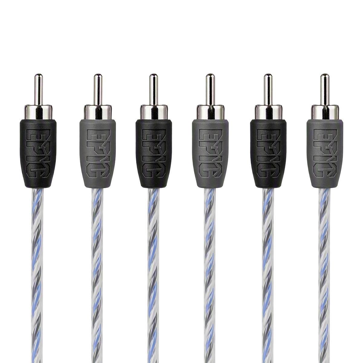 Six audio RCA cables with silver and blue twisted shielding, featuring black and gray protective tips embossed with the brand name 'EPK'.