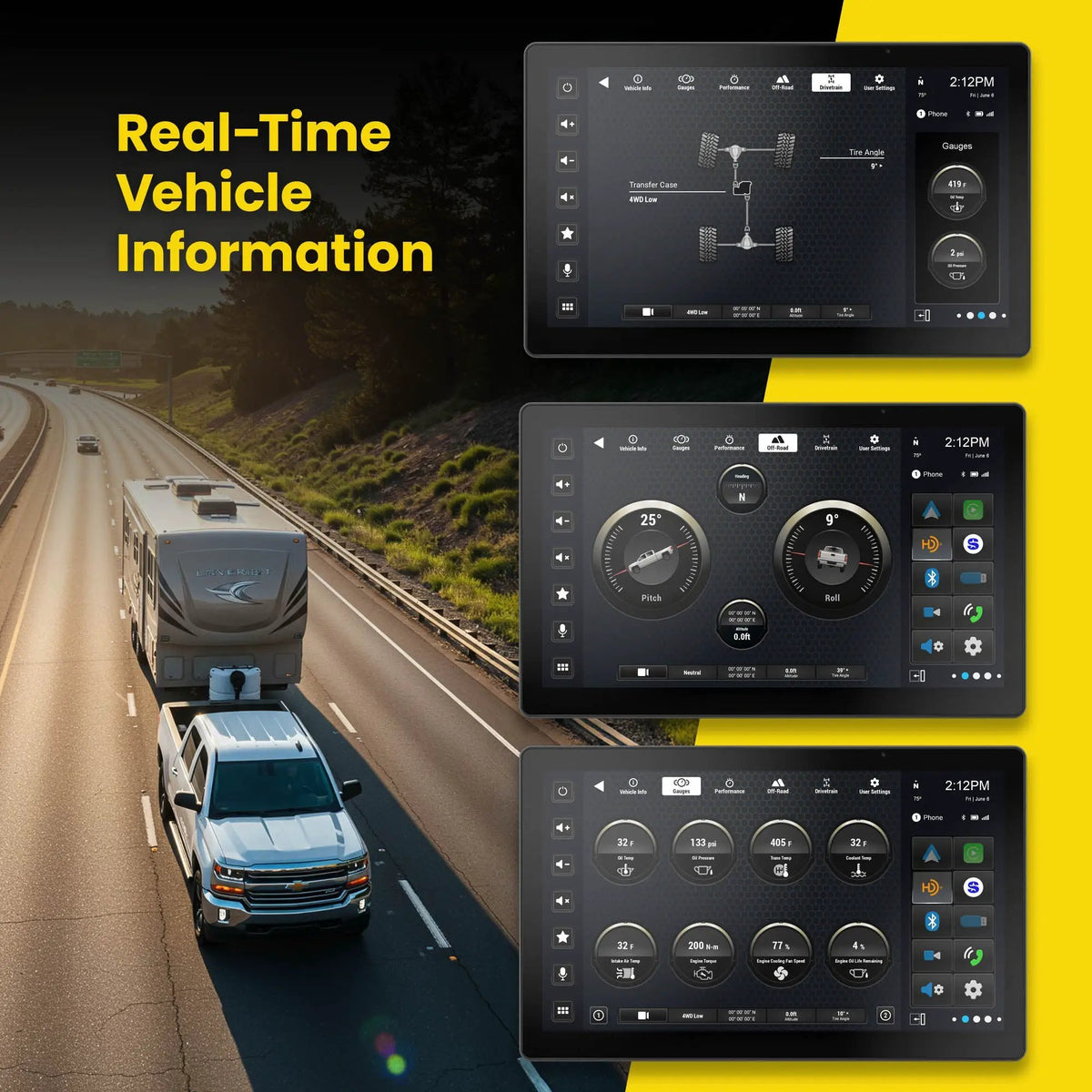 Stinger HORIZON12 vehicle-information graphic showing drivetrain, off-road and gauge screens beside trucks