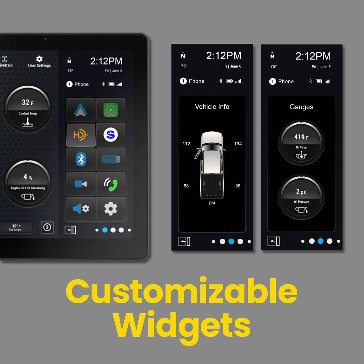 Stinger HORIZON12 customizable widgets graphic with vehicle-information and gauge panel examples