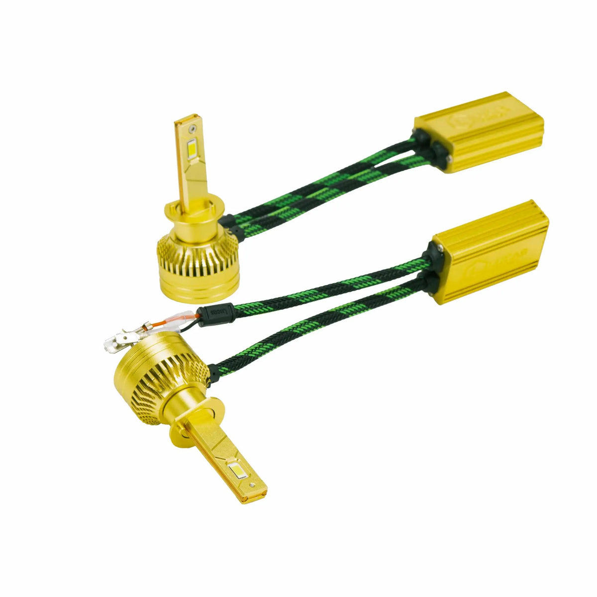 Two gold-colored LED bulbs with slim mounting collars and inline modules on green-and-black braided leads