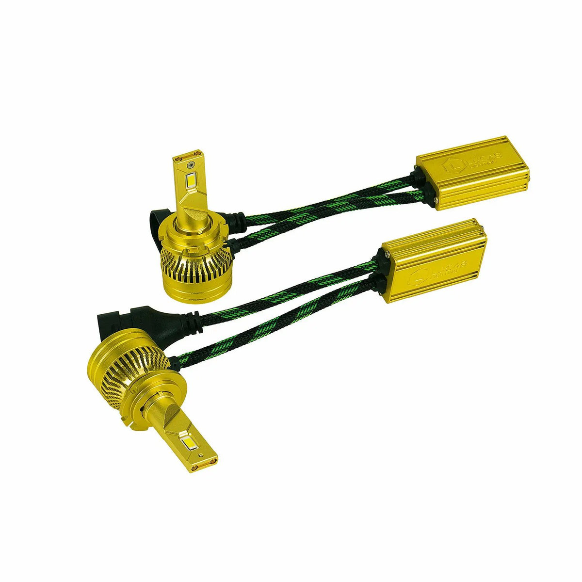 Pair of gold-colored LED bulbs with round finned cooling bases and rectangular driver modules on braided leads
