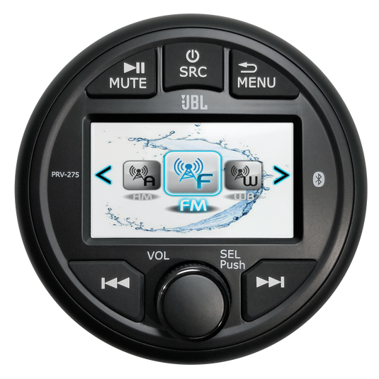 Black round JBL PRV275 marine receiver with color display and control knob
