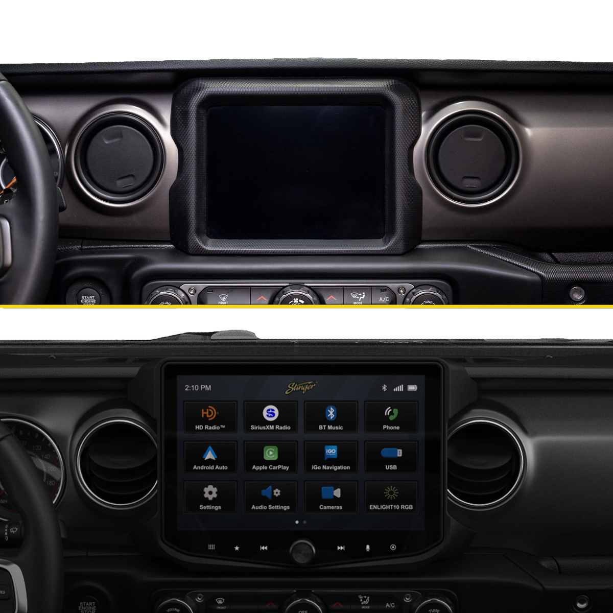 Before-and-after dashboard comparison showing a factory screen replaced by a Stinger touchscreen with source icons