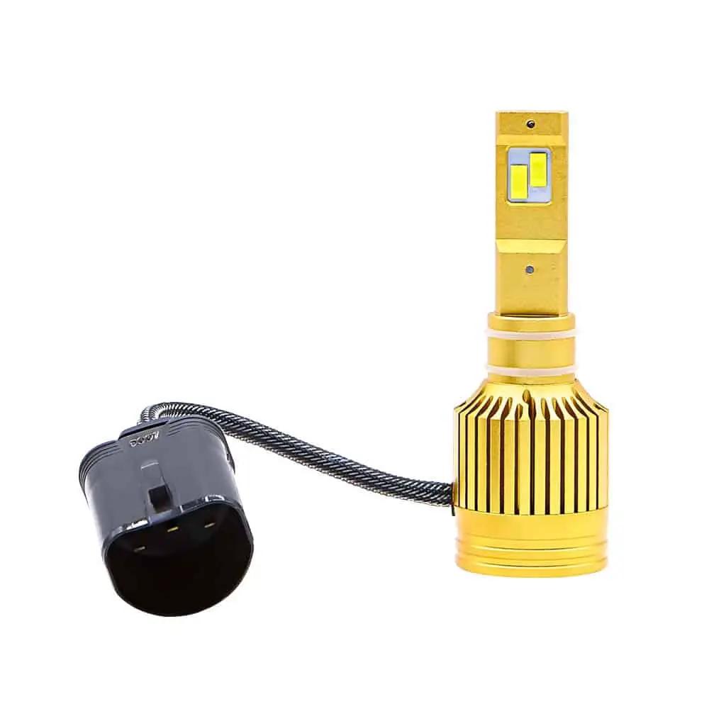 Single gold Lucas LED headlight bulb with a finned base and large black connector