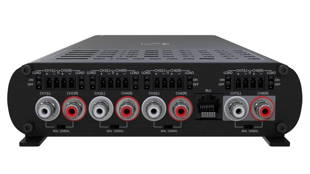 Wāvtech link1400.8plus amplifier, angled view of the RCA inputs, high-level connectors, and adjustment controls