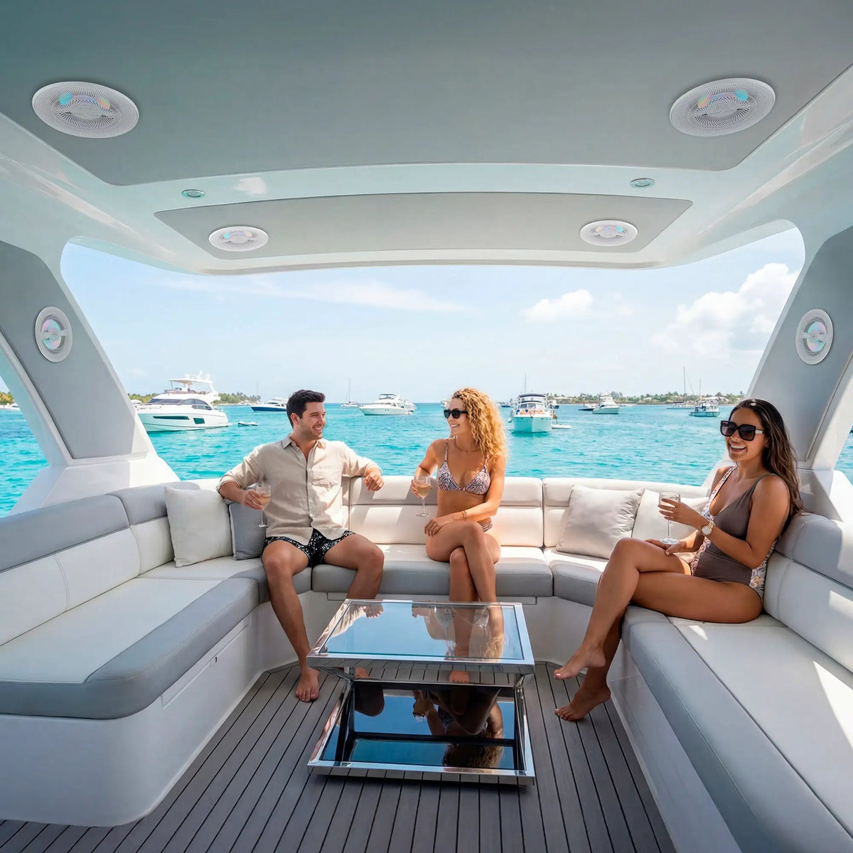 Three people seated aboard a boat with white speakers and pale blue lighting fitted into the ceiling and pillars