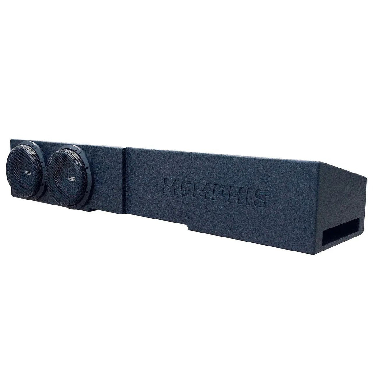 Long black Memphis subwoofer enclosure with two round speaker grilles and a rectangular side port