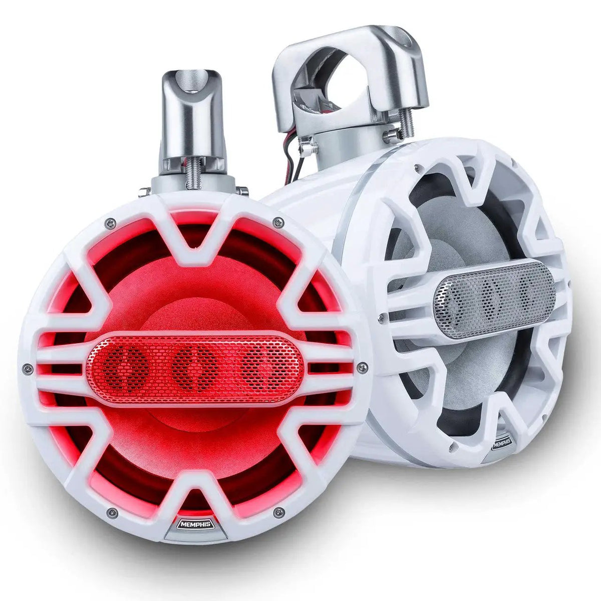Pair of white Memphis tower speakers with polished mounting clamps, one illuminated red