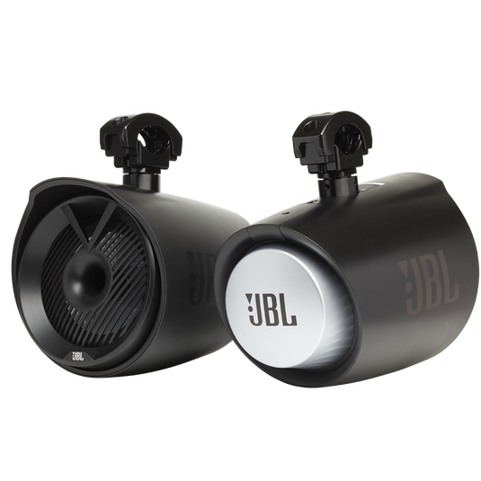 Pair of black JBL Tower X MT8HLB marine tower speakers with mounting clamps