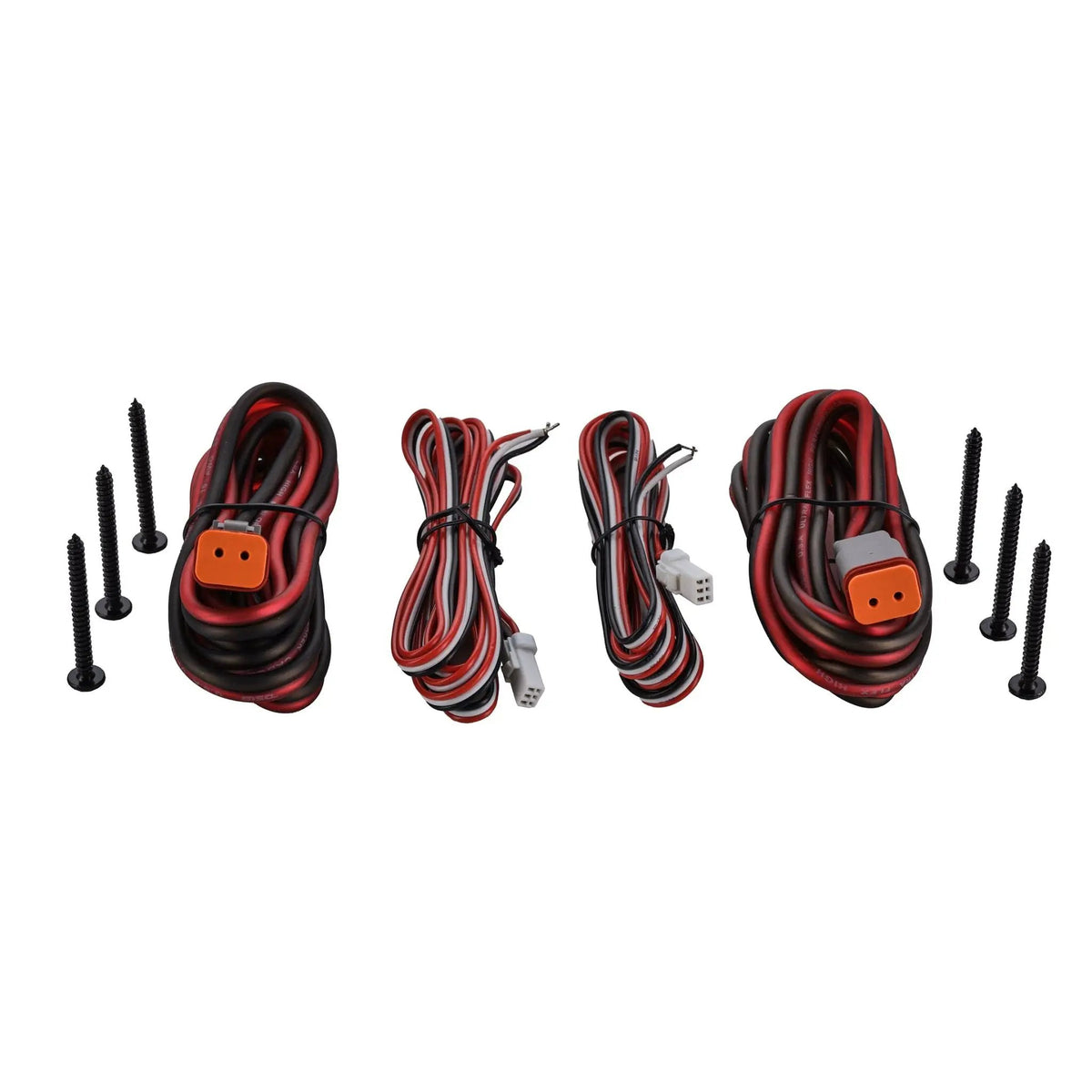 Speaker wiring leads with orange and white connectors laid out beside mounting screws