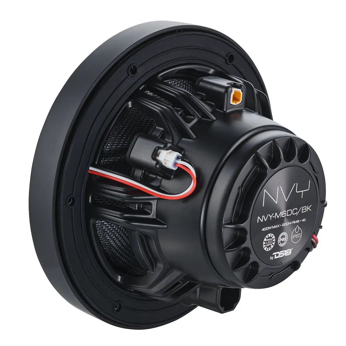 DS18 NVY-M6DC/BK speaker, rear view of connectors and labeled motor housing