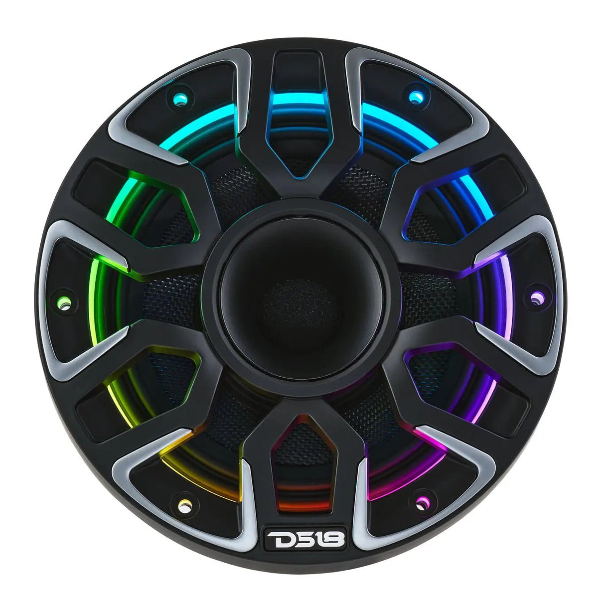 Front view of a black DS18 marine speaker with silver-edged grille spokes and multicolor lighting
