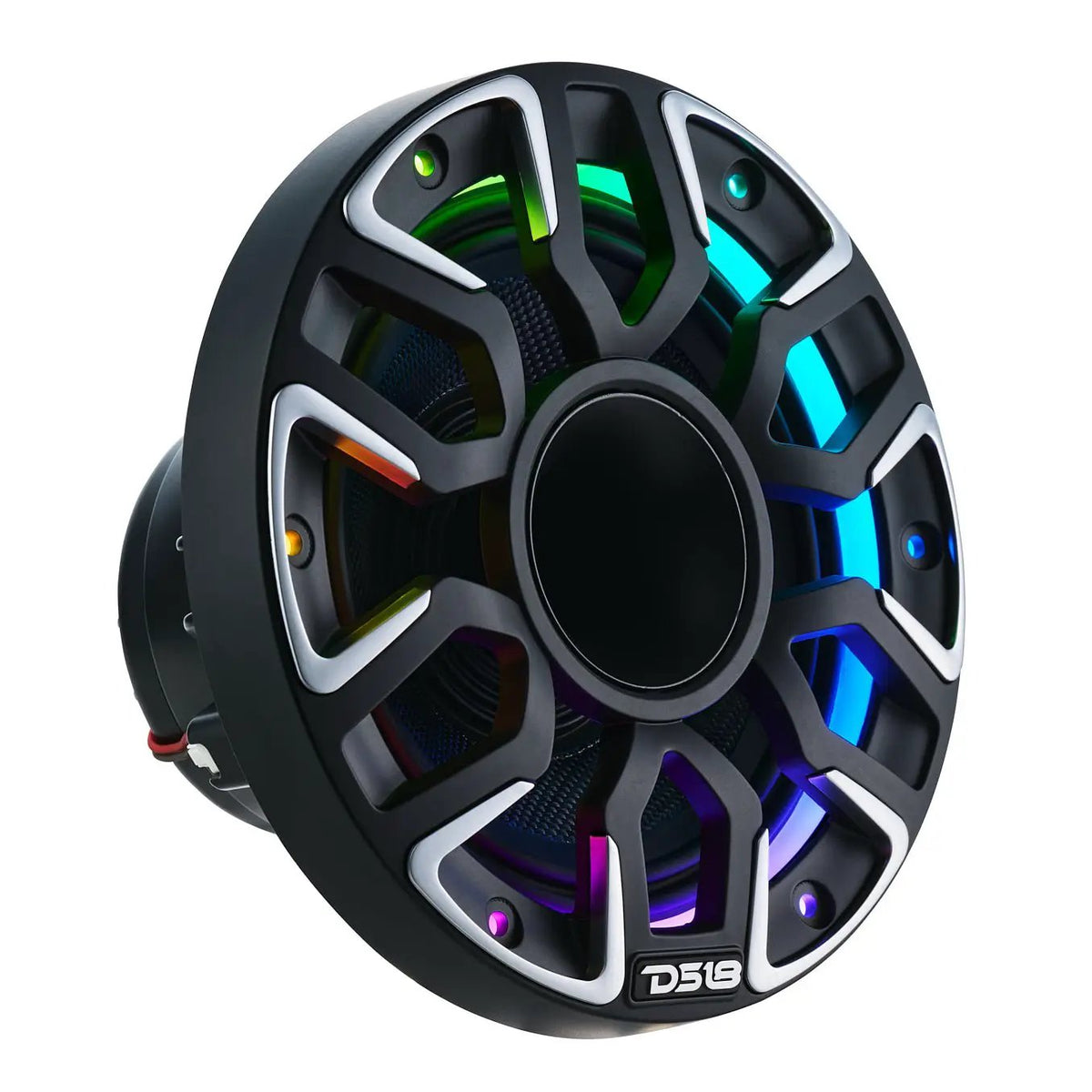 Black DS18 speaker with illuminated grille accents, angled front view