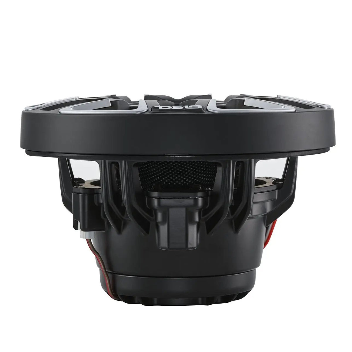 Side profile of a black speaker showing its raised grille, open basket and wiring terminals