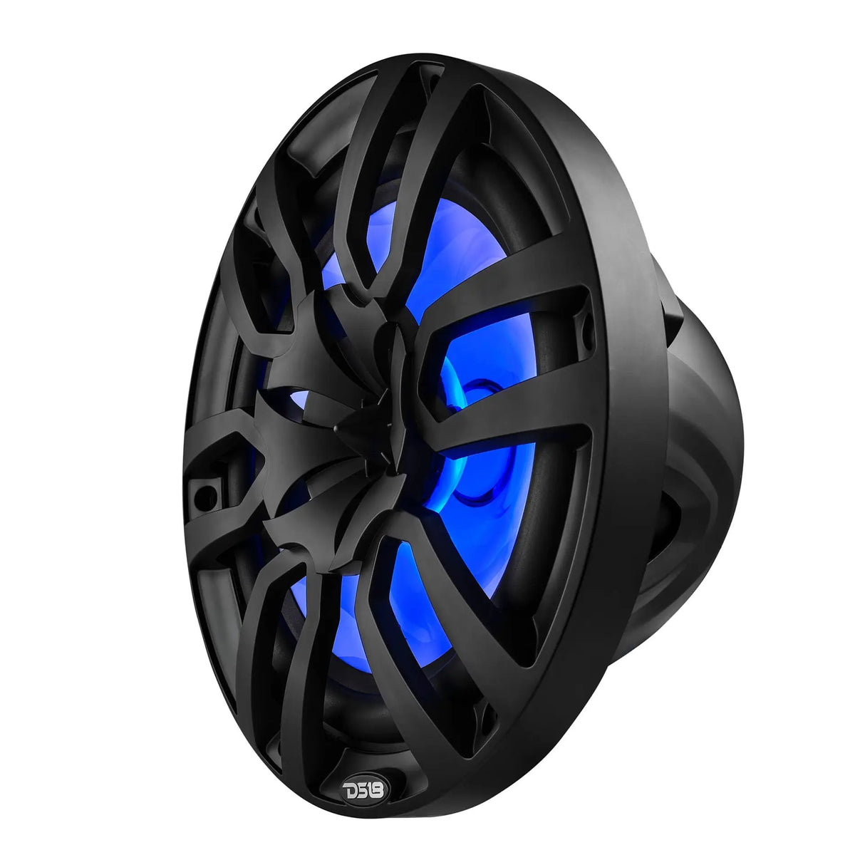 Angled front of a black DS18 marine speaker with blue illumination behind its spoke grille