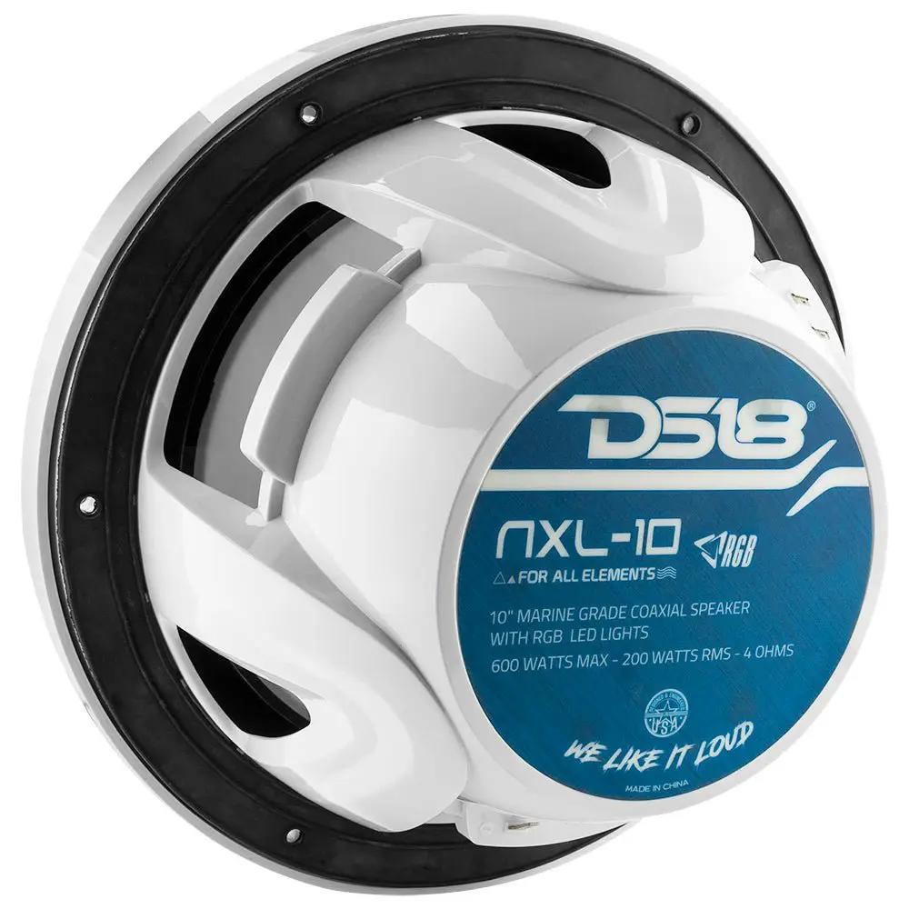 Rear angled view of a white DS18 NXL-10 speaker showing its 200W RMS, 4-ohm label