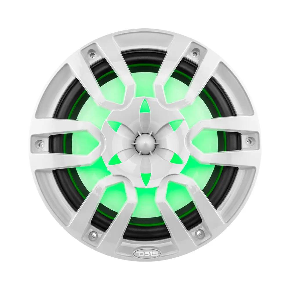 Front view of one white DS18 marine speaker with green illumination behind the grille