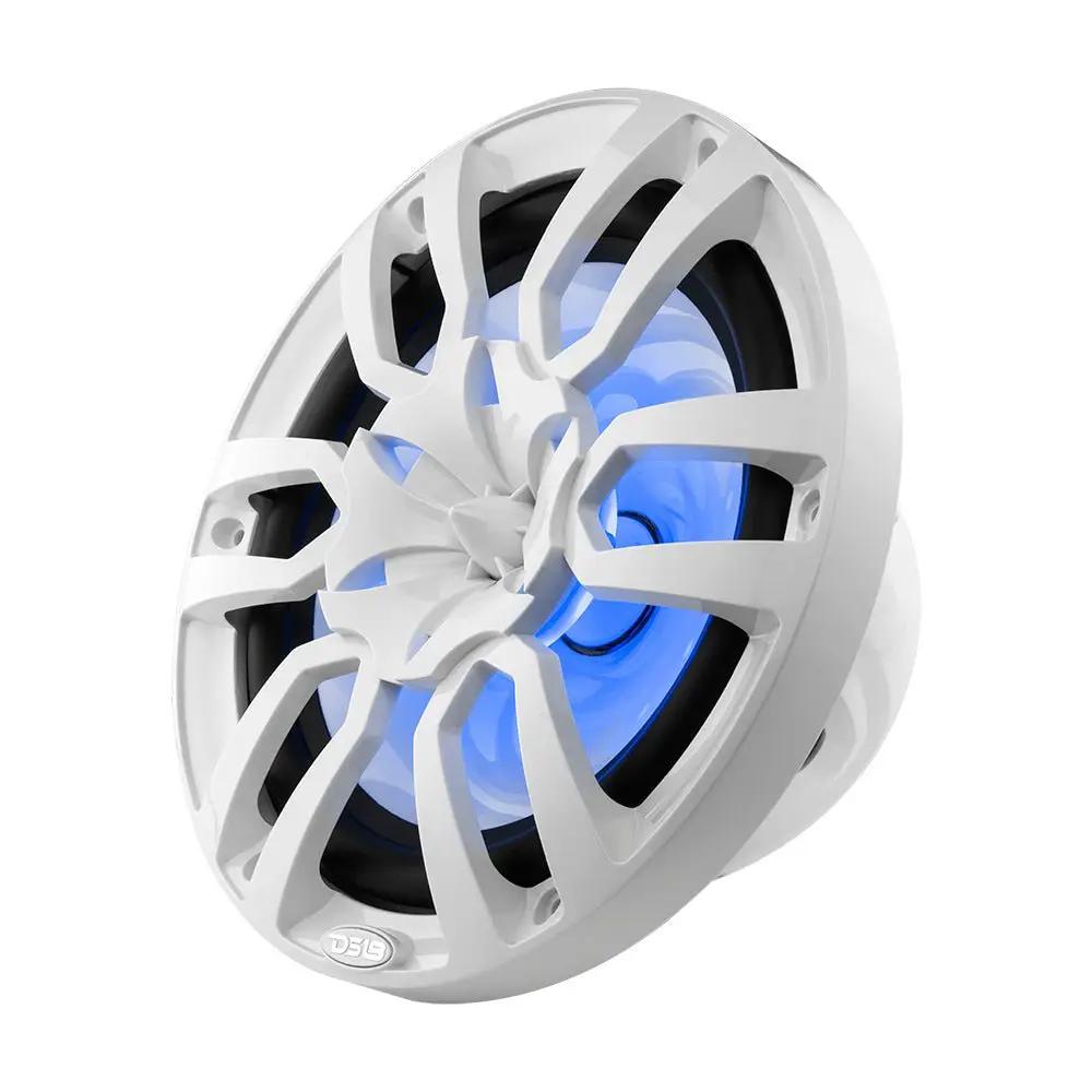 Angled view of one white DS18 marine speaker with blue illumination