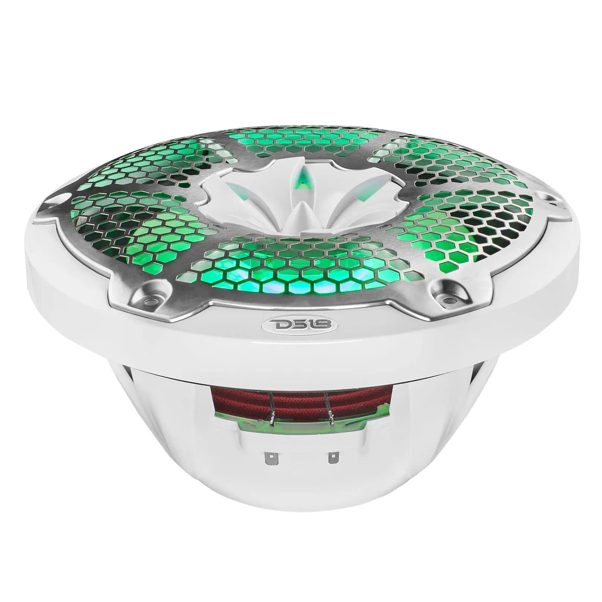 Low angled view of a white DS18 speaker with green lighting, a silver honeycomb grille and red suspension visible through the basket.