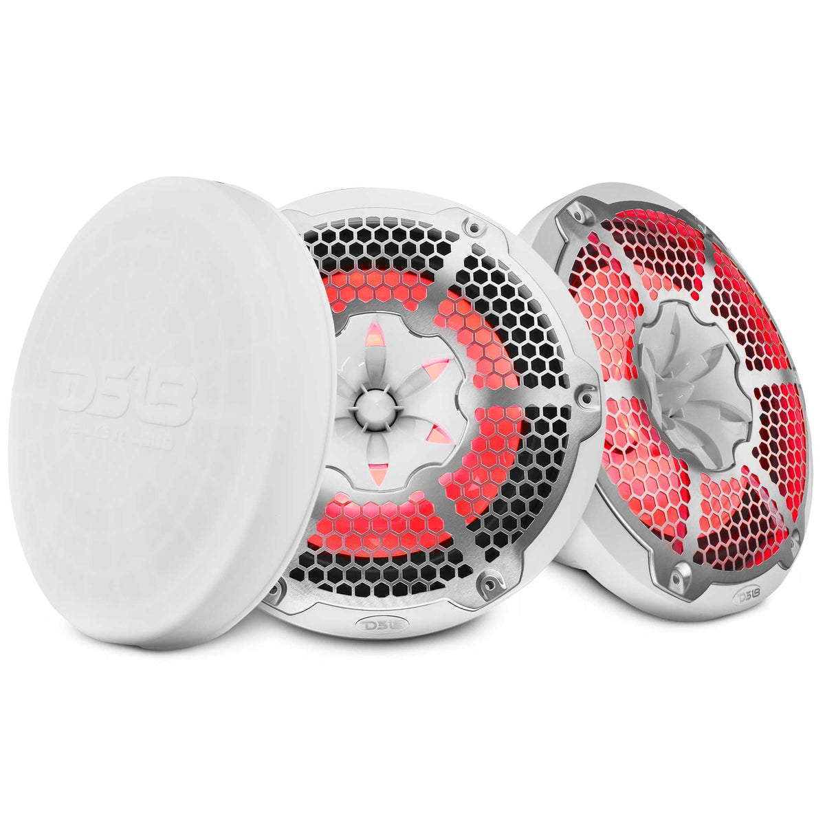 Two white DS18 speakers with silver honeycomb grilles and red lighting beside a white protective cover.