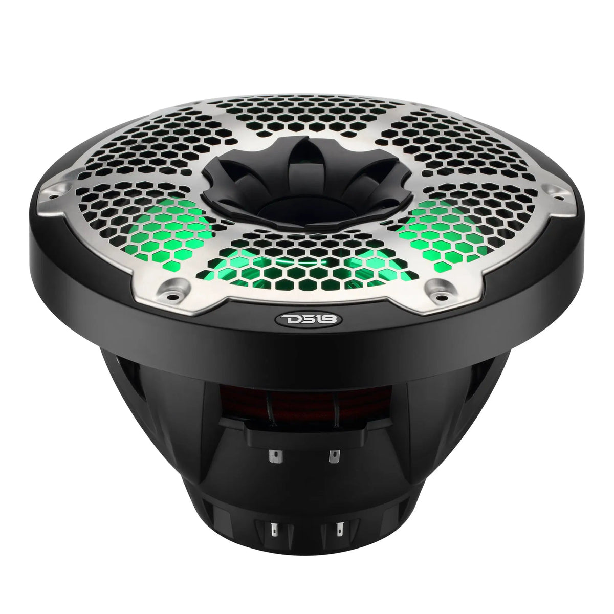 Black DS18 speaker with a silver honeycomb grille and green illumination, low angled view