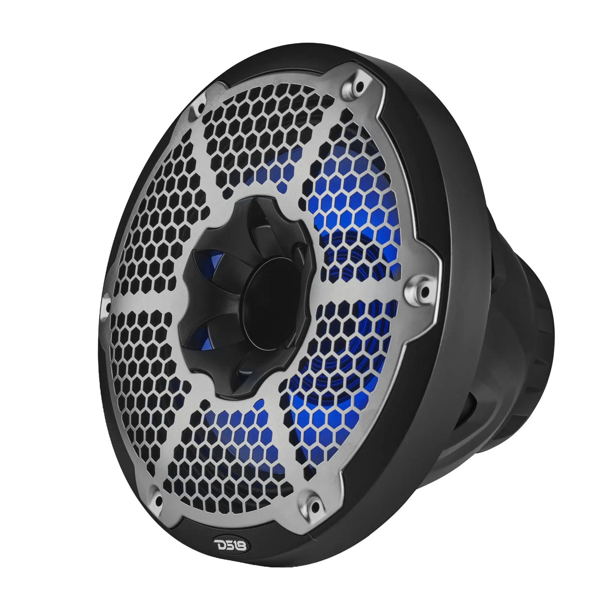 Angled front view of a black DS18 speaker with a central horn opening, silver honeycomb grille and blue lighting