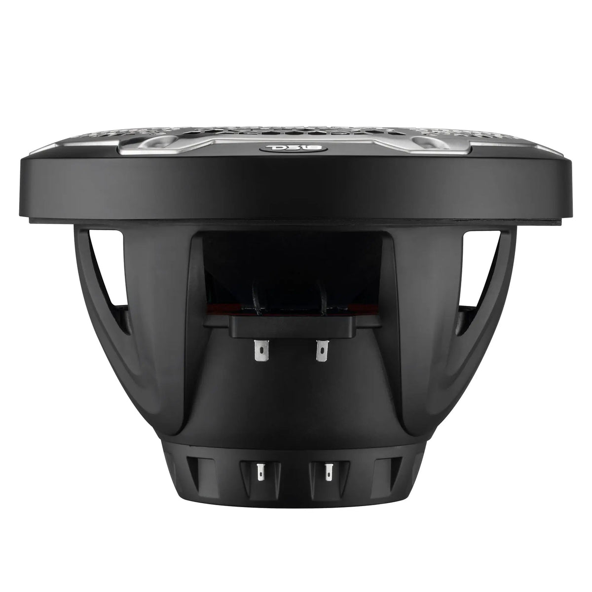 Black speaker with an open basket and terminals, side view