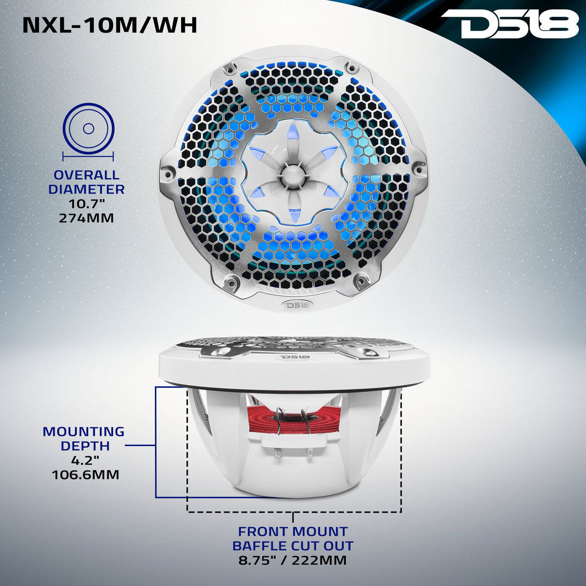 DS18 NXL-10M/WH dimension graphic showing 274 mm overall diameter, 222 mm cutout and 106.6 mm mounting depth