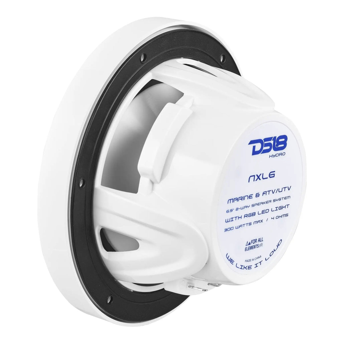Rear angled view of a white DS18 NXL6 speaker showing its model label, basket and terminals