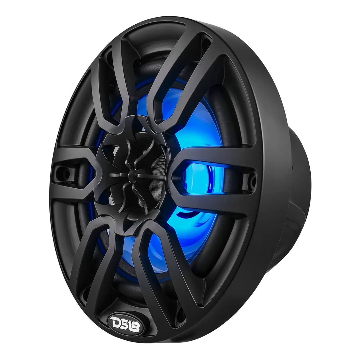 Black DS18 marine speaker with blue illumination behind its spoke grille