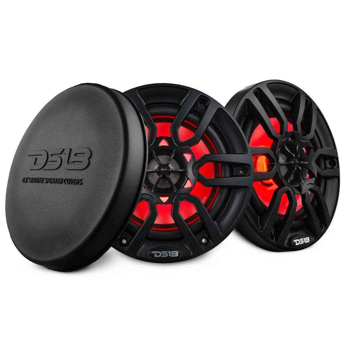 Two black DS18 speakers with red lighting beside a round protective speaker cover