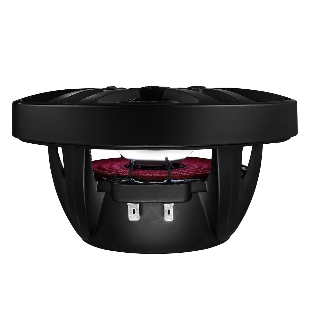 Side view of a black DS18 speaker showing its open basket, red suspension and terminals