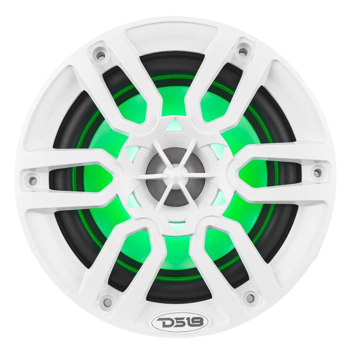 Front view of a white DS18 marine speaker with green illumination behind the grille