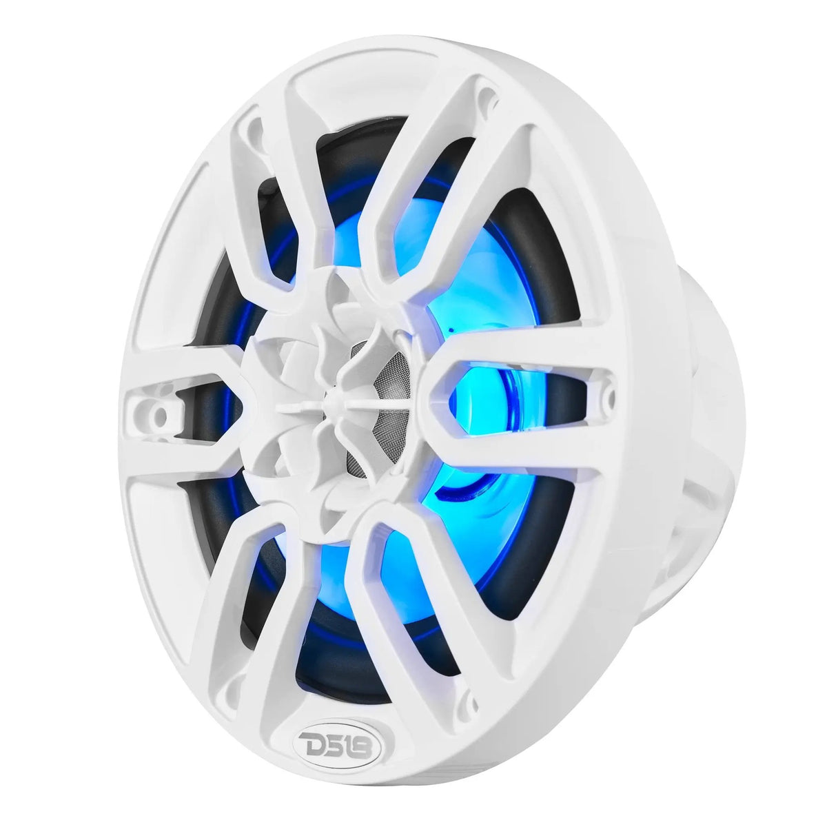 White DS18 speaker with a spoke grille and blue illumination, angled front view