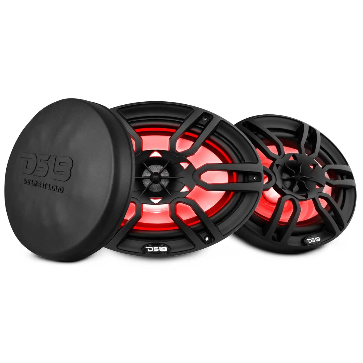 Two black oval DS18 speakers with red lighting beside an oval protective cover