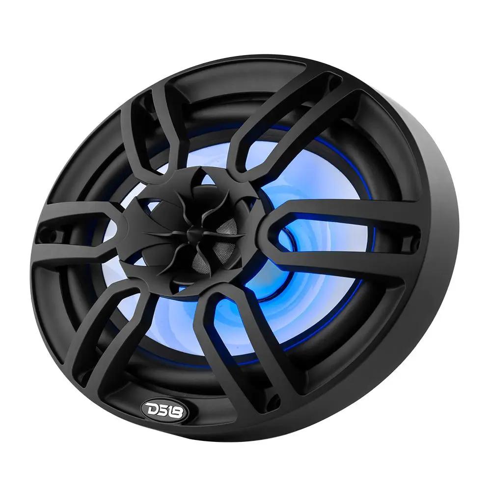 Angled front view of a black oval DS18 speaker with blue lighting