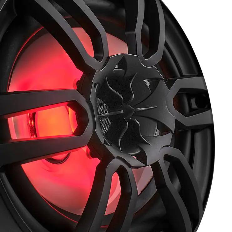 Close-up of a black DS18 speaker grille, central tweeter and red illumination