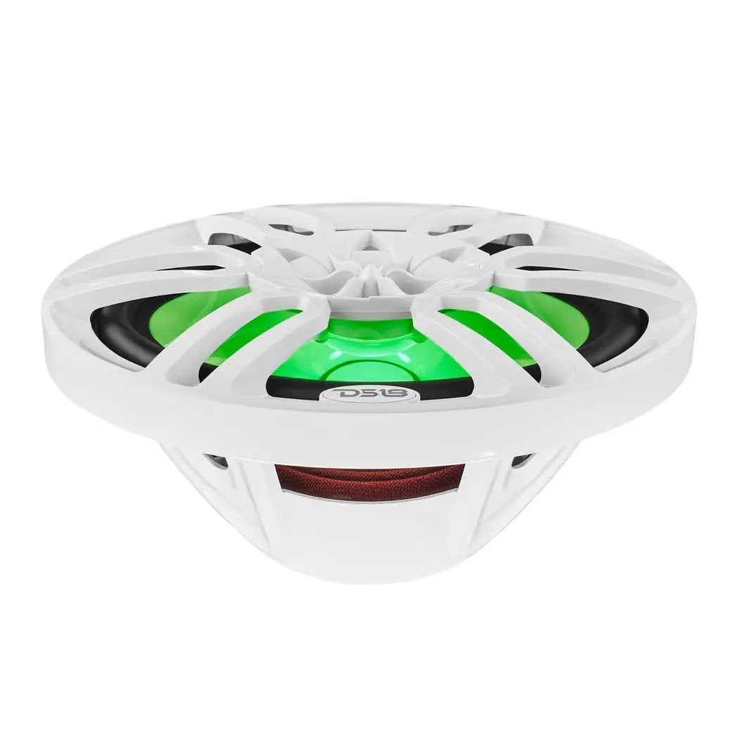 Low front view of a white oval DS18 speaker with green lighting and an open basket