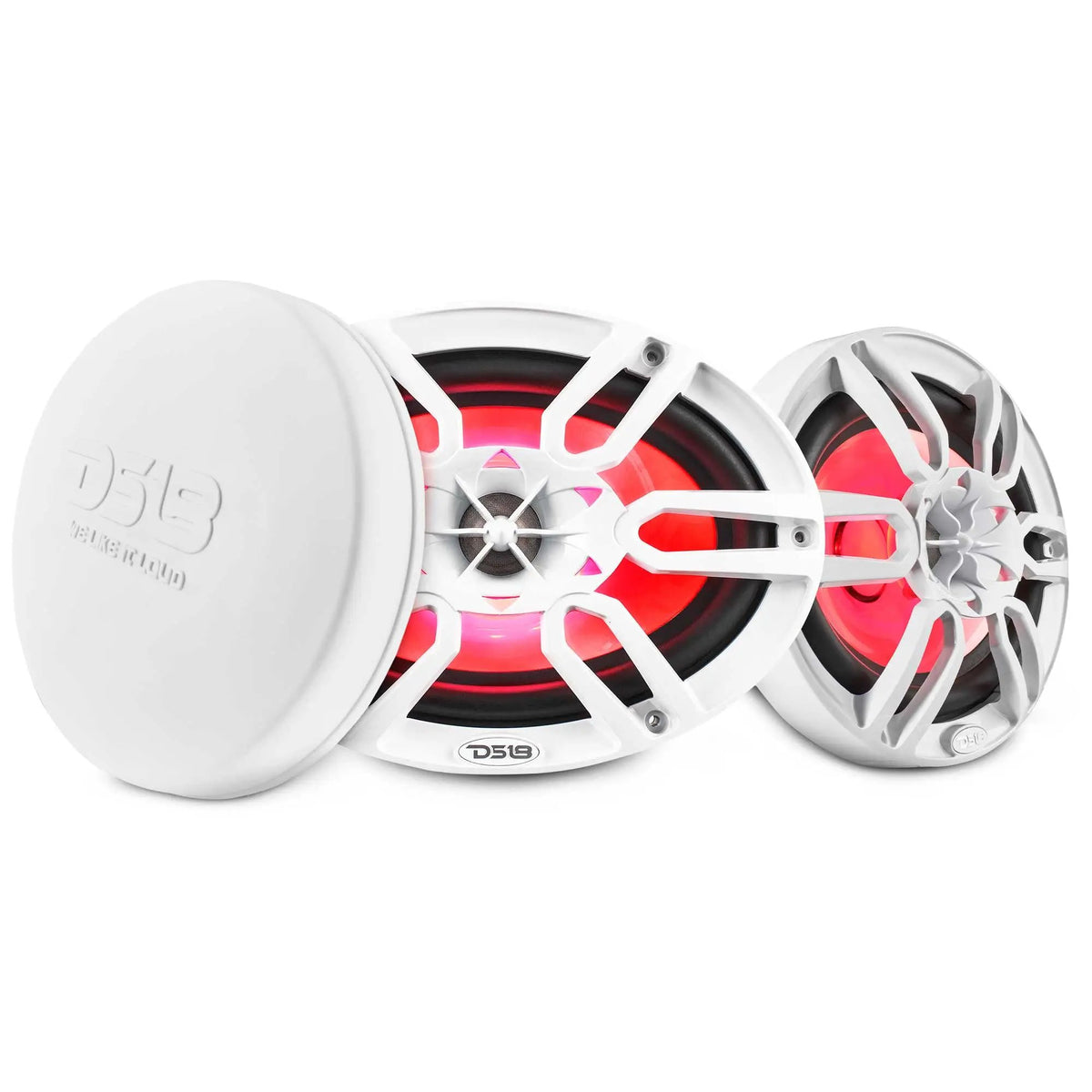Two white oval DS18 speakers with red lighting beside a white protective cover