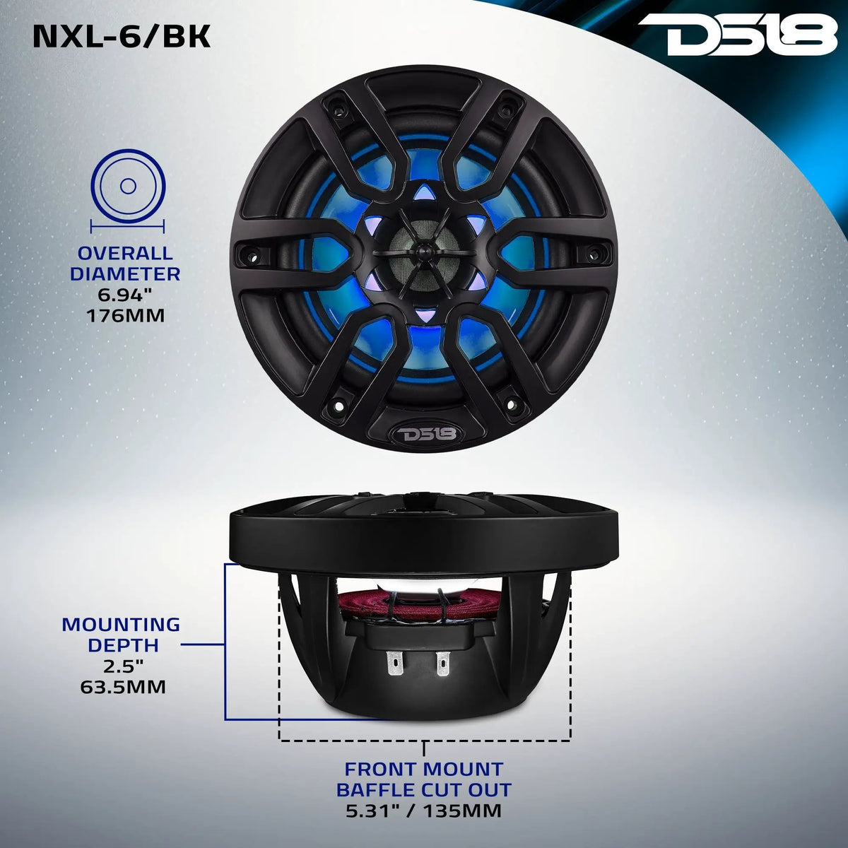 DS18 NXL-6/BK mounting diagram: 6.94-inch overall diameter, 5.31-inch cutout and 2.5-inch mounting depth