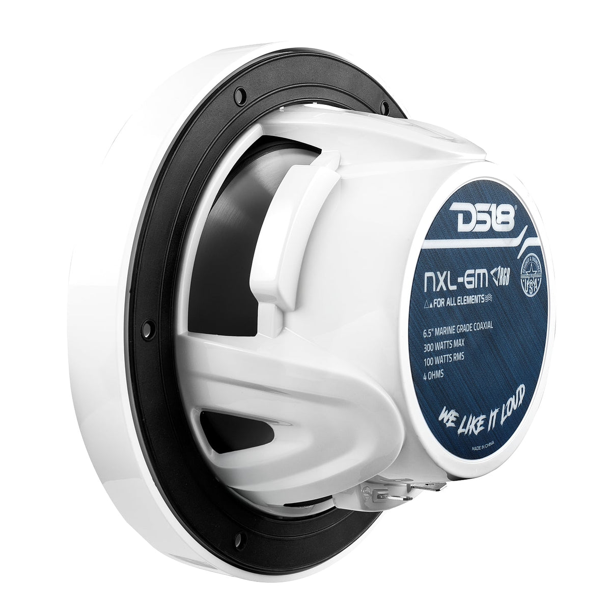Rear angled view of a white DS18 NXL-6M speaker showing its 100W RMS, 4-ohm label