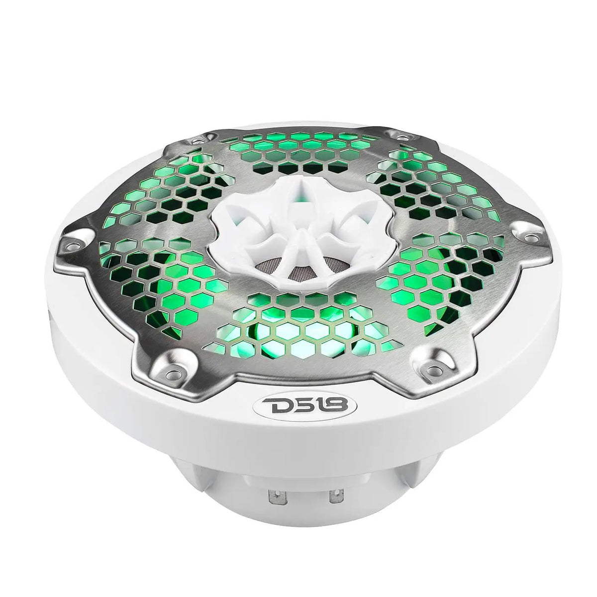 White DS18 speaker with a silver honeycomb grille and green illumination, angled view