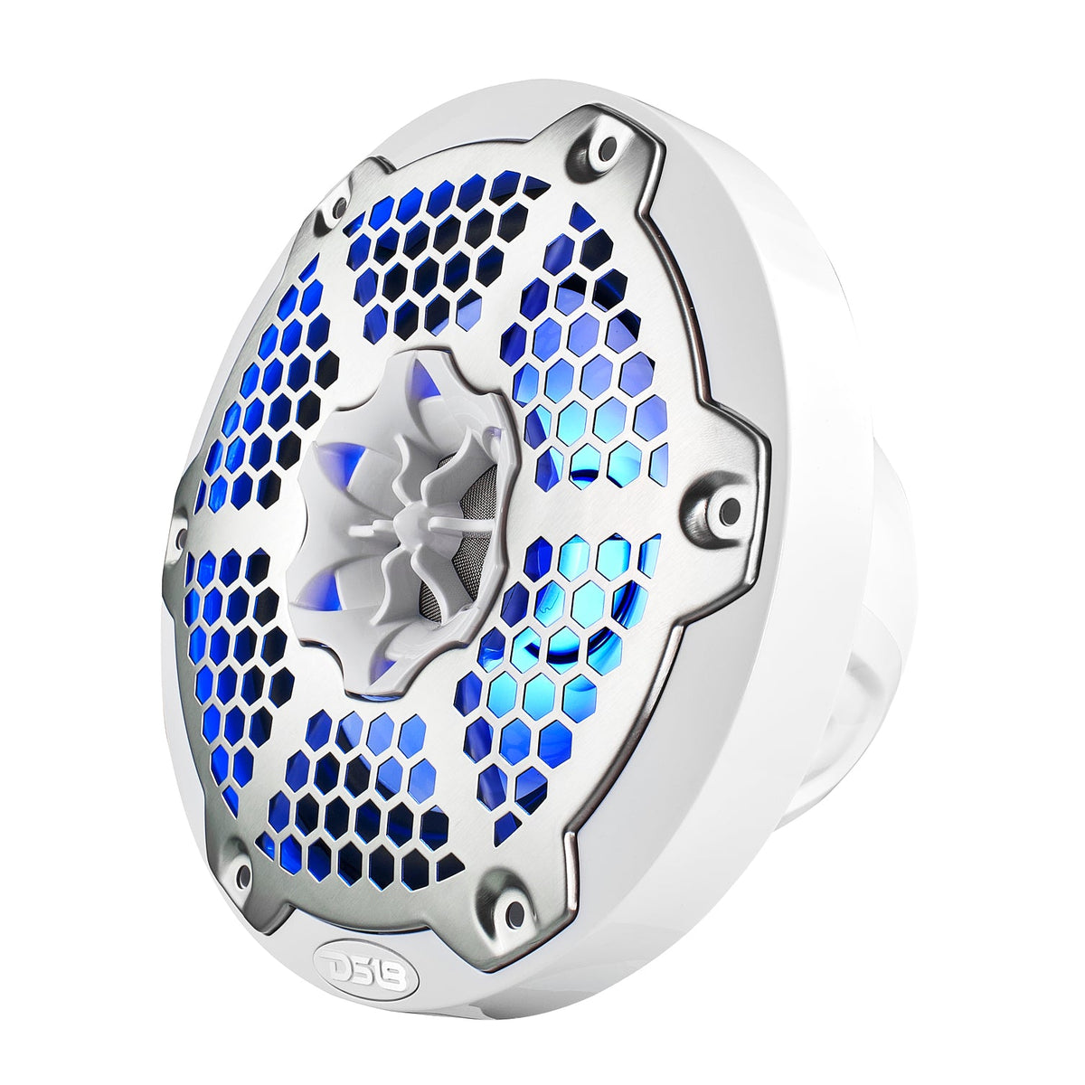 Opposite front angle of a white DS18 speaker with a silver honeycomb grille and blue lighting