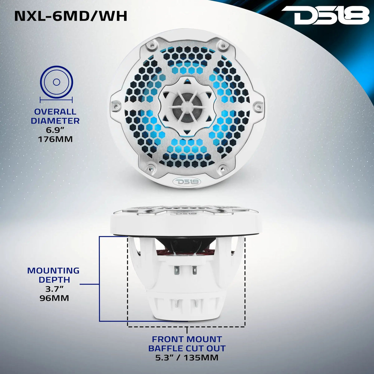 DS18 NXL-6MD/WH dimension graphic: 176 mm overall diameter, 96 mm mounting depth and 135 mm cutout
