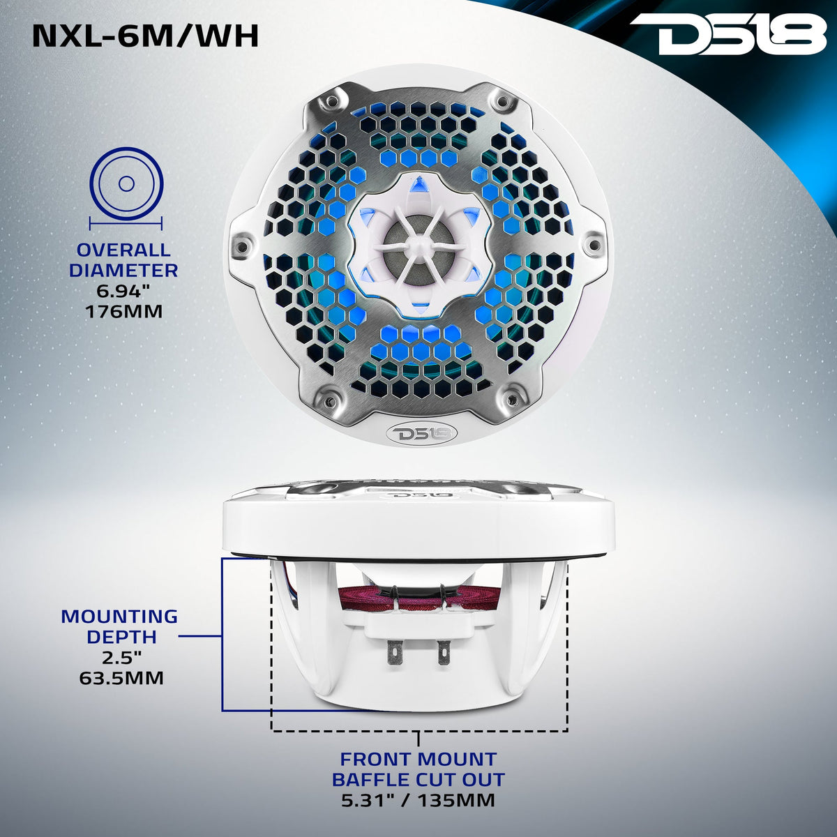 DS18 NXL-6M/WH dimension graphic: 176 mm overall diameter, 63.5 mm mounting depth and 135 mm cutout
