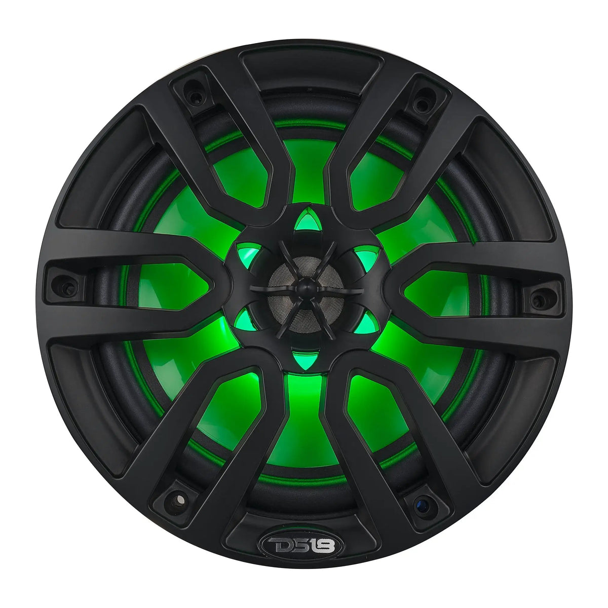 Black DS18 speaker with green illumination, front view