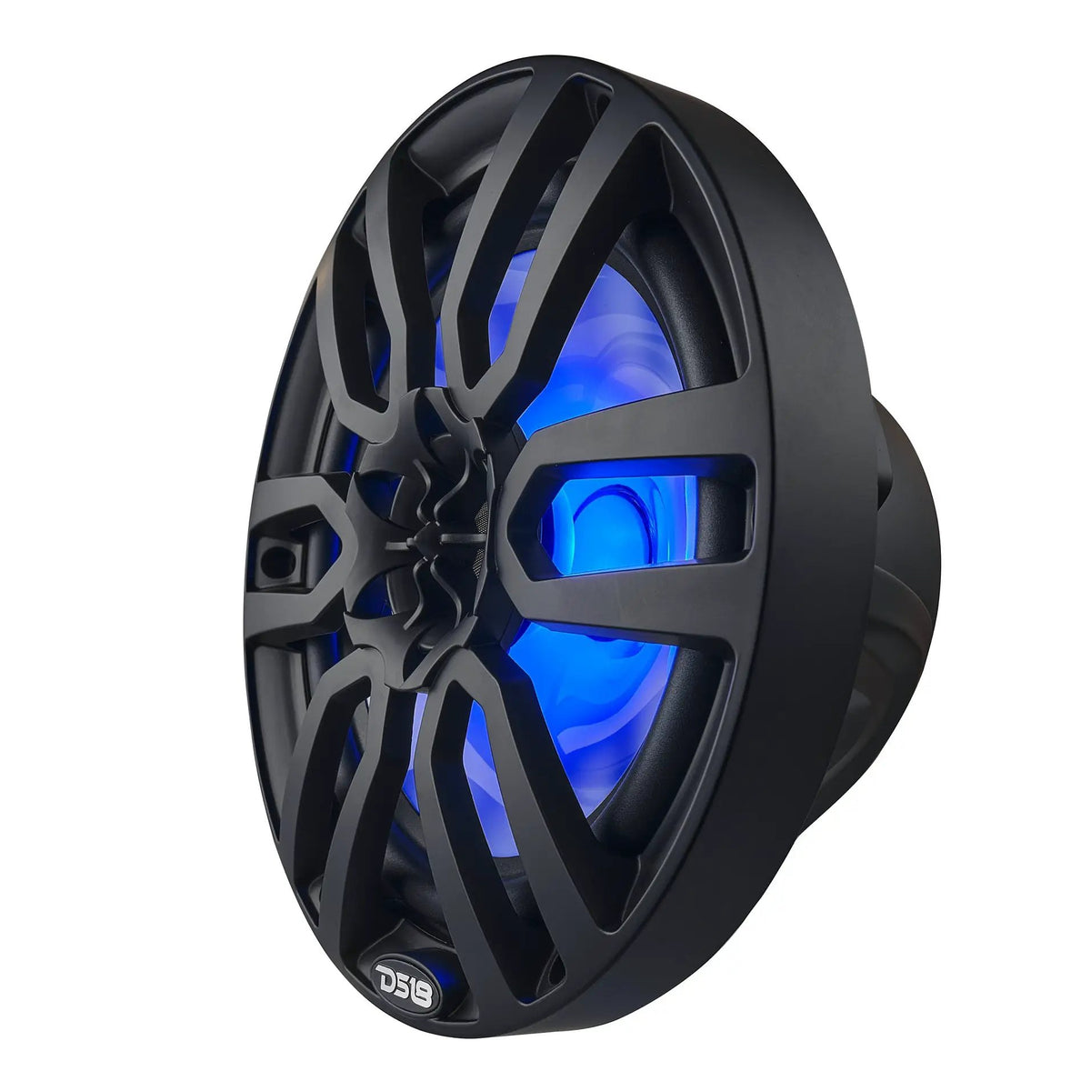 Angled front of a black DS18 marine speaker with blue illumination behind its spoke grille