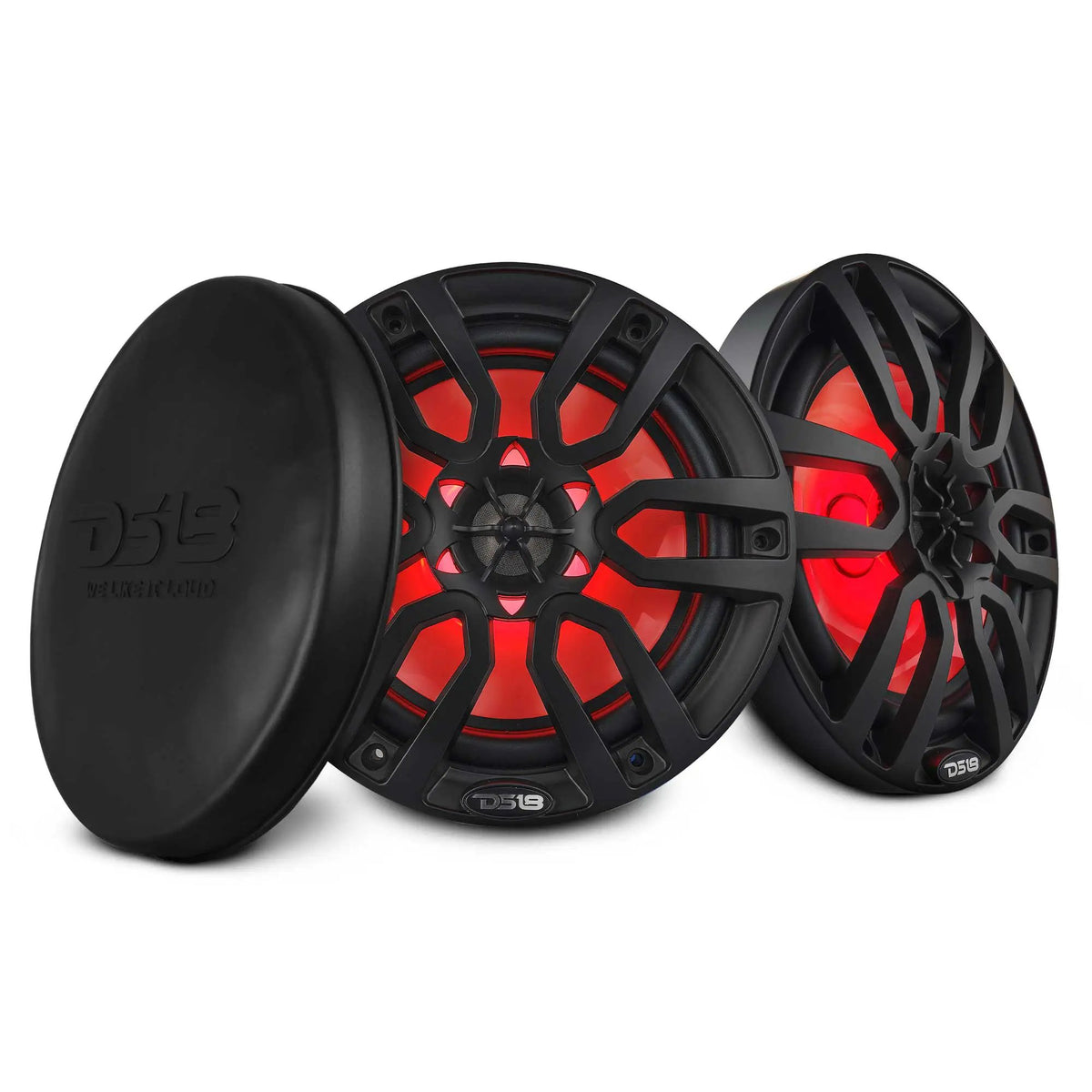 Two black DS18 speakers with red illuminated multi-spoke grilles and a black protective cover