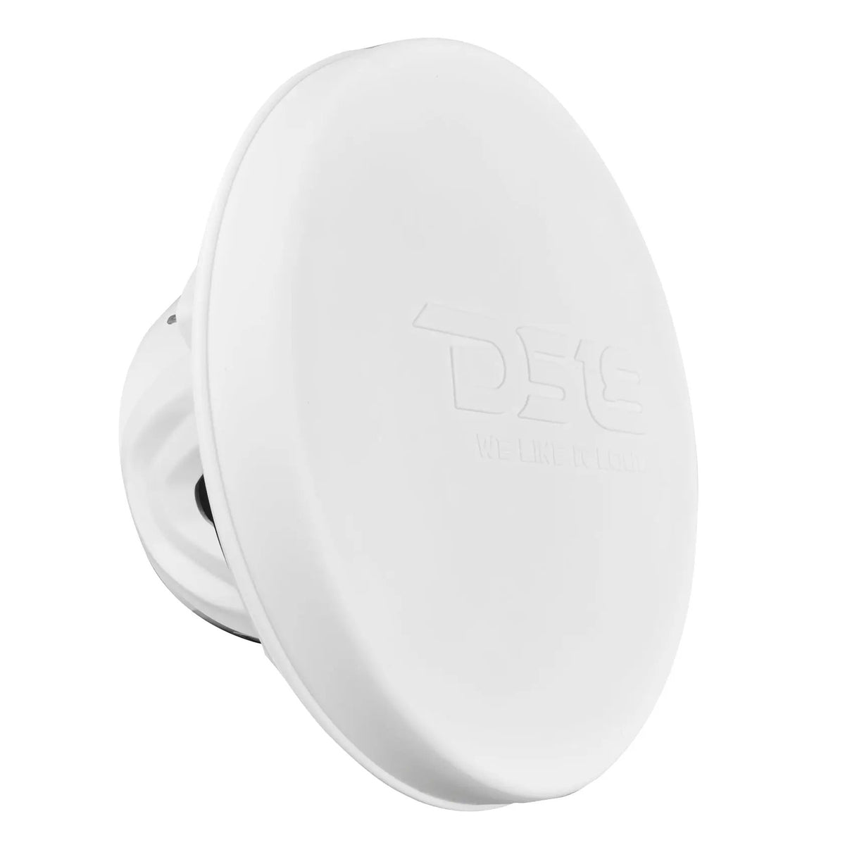 White DS18 speaker shown with its embossed protective cover fitted